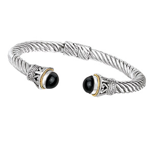 18K Gold and Silver Bracelet With Cabochon 8.5mm Black Onyx Cuff