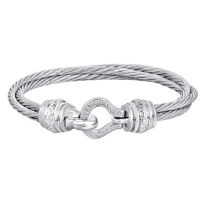 Sterling Silver And Steel Cable Bracelet Set With Diamonds