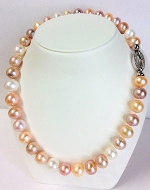 Multi Color White Peach Rose Oyster Silver Colored All Natural Fresh Water Pearl Necklace 17 inches