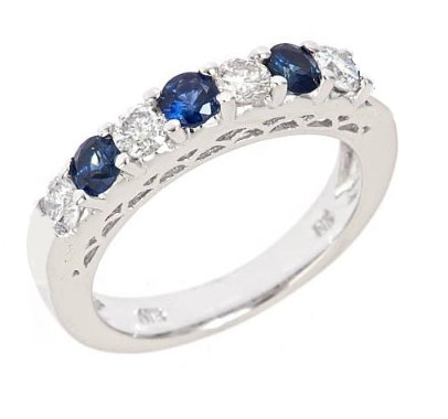 14K White Gold With 4 Round Diamonds and 3 Round Sapphires .88 Ct. tw