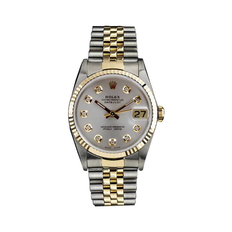 rolex women's datejust two tone fluted custom silver diamond dial