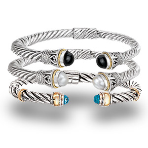 Three Silver and 18K Gold Bracelets with Pearl, Onyx, and Topaz