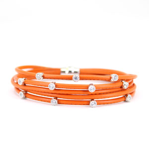 Orange Leather Bracelet with White Sapphires