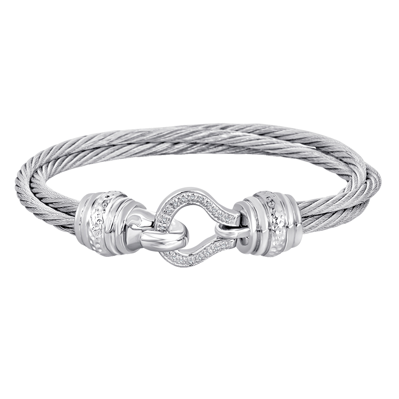 Sterling Silver And Steel Cable Bracelet Set With Diamonds BA 665 AD