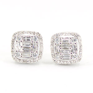 10 K White Gold Earrings .75 Carat Total Weight Baguette and Round Diamonds