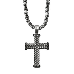 Genuine David Yurman Cross with 22 Inch Sterling Silver Chain and Black Diamonds