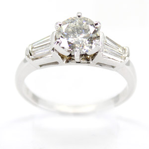 1.08 Ct Round Diamond and Tapered Baguette Ring in 14K White Gold