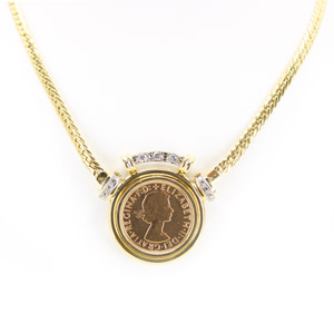 Solid 18 K Gold Necklace with British Sovereign Coin and 11 Round Diamonds