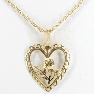 Heart and Flower Motif Gold Pendant with 16 Inch Chain