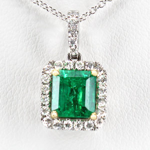 Green Emerald Necklace in 18K White Gold with .20 Carat Diamonds