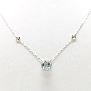 1.25 Ct Natural Blue Aquamarine Necklace with 2 Rounds .22 Ct Diamonds in 14 K White Gold