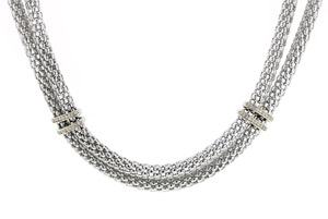 Double Strand Sterling Silver 18 inches Italian Necklace with .16 Ct Diamonds