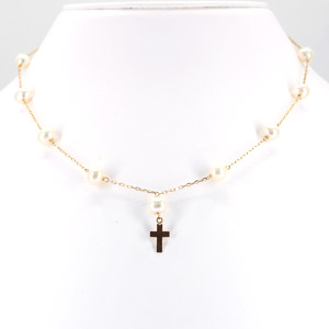 White Fresh Water 6 mm Pearl Necklace with 14 Karat Yellow Gold Cross