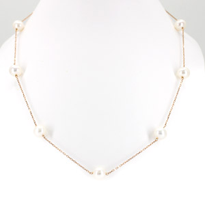 14 K Rose Gold Pearl Necklace with 7 White Round 8 mm Fresh Water Pearls