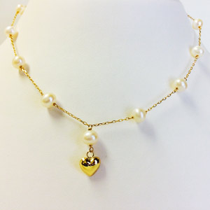 14K Yellow Gold Pearl Necklace with Heart