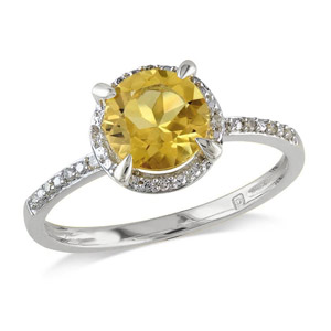 14 K White Gold Ring Round Yellow Citrine, .15 cttw. Round Diamonds