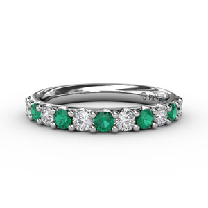 Emerald and Diamond Shared Prong Anniversary Band White Gold