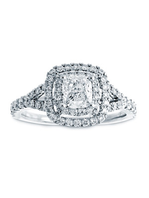 Vintage Style 14K White Gold Ring .50 Carat Cushion Diamond .72 Carat Rounds