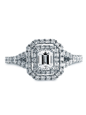 14 k White Gold Ring .50 Carat Emerald Diamond .63 Carat Rounds