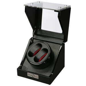 Double Watch Watch-Winder in Black Wood Look Exterior Carbon Fiber pattern and red accents interior