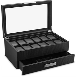 Black Carbon Fiber 12 Watches Case Organizer with Jewelry Drawer