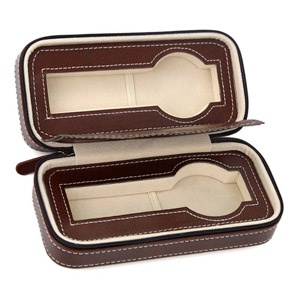 2 Watch Travel Organizer Case Beige Leather, Beige Interior