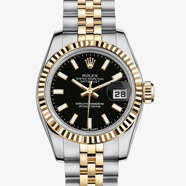 Rolex Lady Datejust Watch Black Dial 18K Gold Steel 79173