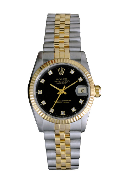 Preowned Rolex Watch Lady Smooth Gold Jubilee Bracelet Black Dial