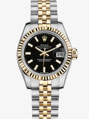 Rolex Lady Datejust Watch Black Dial 18k Gold Steel 79173