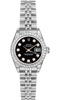 Rolex Ladies Datejust 69174 Oyster Perpetual Black Dial Diamonds