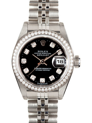 Rolex Ladies Datejust 69174 Oyster Perpetual Black Dial Diamonds