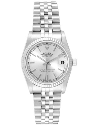 Rolex Ladies Midsize 31mm Stainless Steel 18 Karat White Gold Bezel