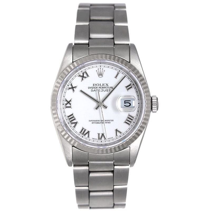 Preowned Rolex Datejust 16220: White Porcelain Dial, Fluted Bezel ...