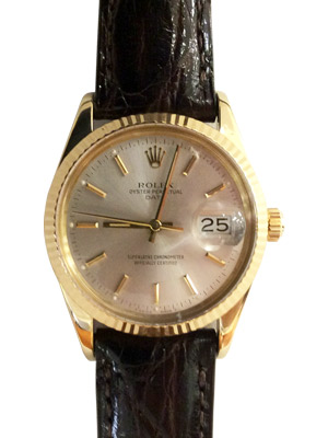 Rolex Date Solid 14K Yellow Gold Fluted Bezel Black Crocodile Leather Strap