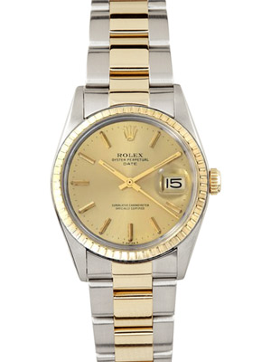 Rolex Date 34 mm Case Champagne Dial 14K Gold Steel Oyster Band